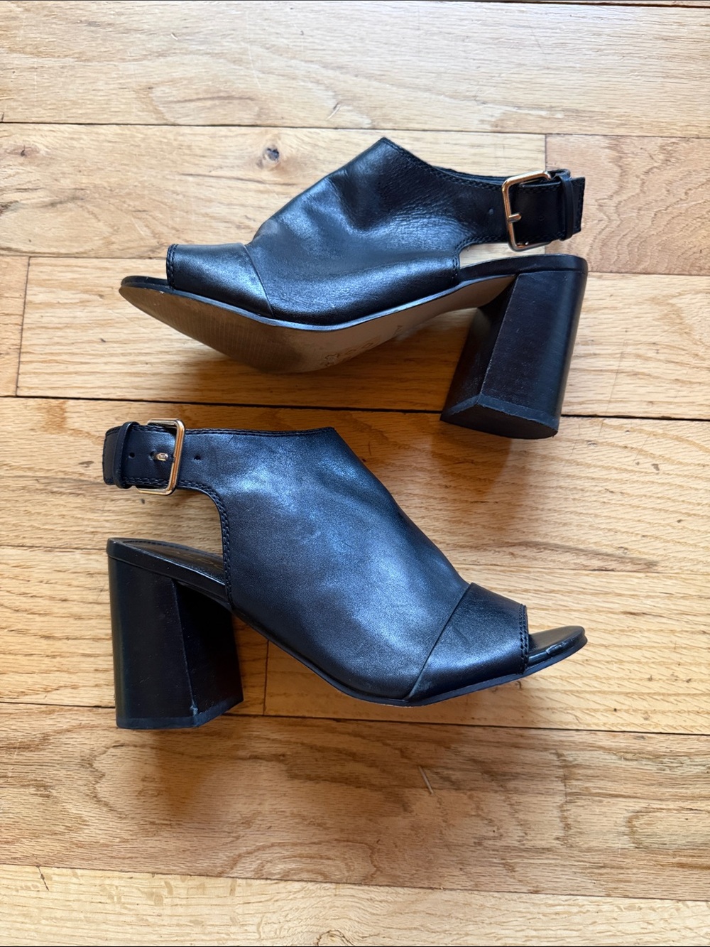 Aldo Black Open-Toe Block Heel Sandals with Gold Buckle